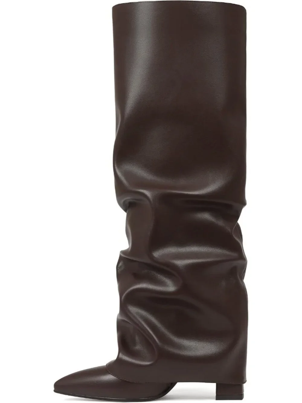 Women Chocolate Pu Pointed Toe Fold Over Chunky Block Heel Slouchy KneeHigh Boot